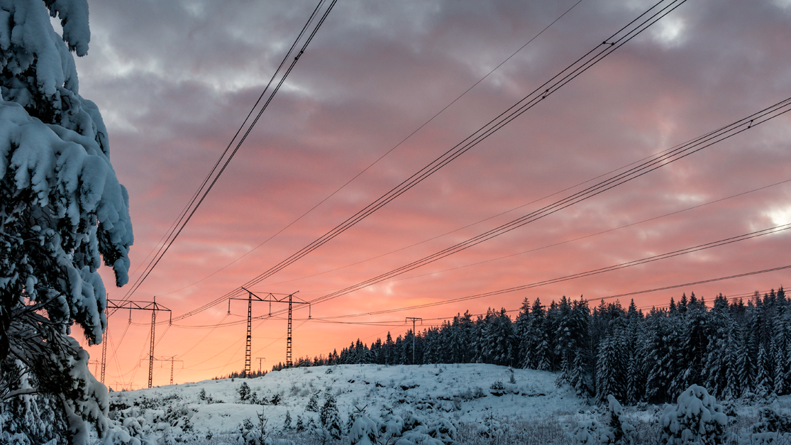 power lines in sunset in Nordics